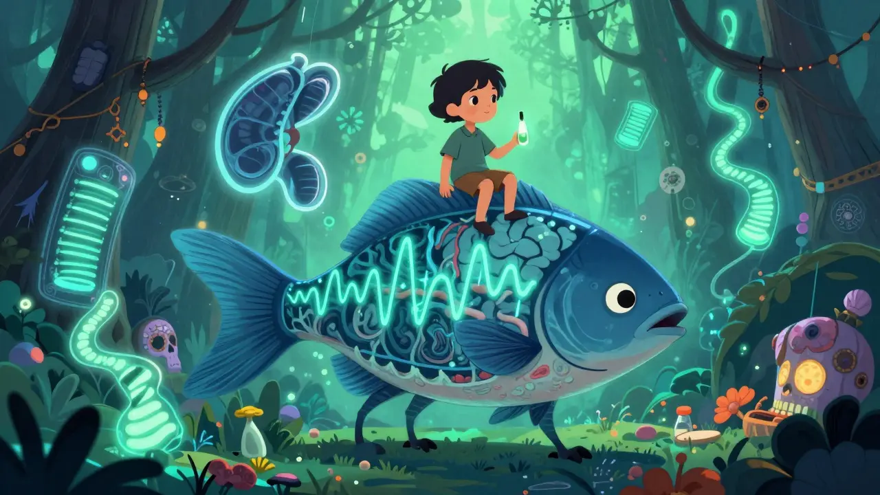 A serene spirit beast with MRI-patterned skin, cradling a child, surrounded by glowing organs and magnetic waves in colorful folk art.