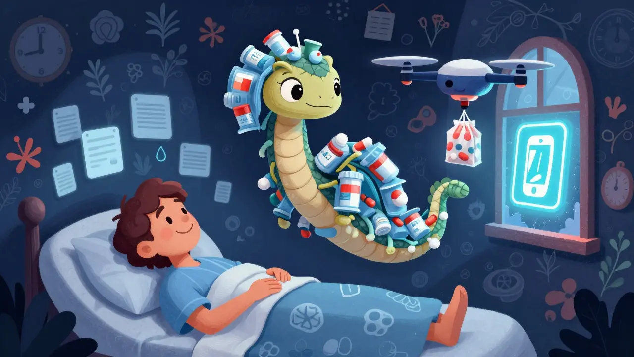 A spirit-animal made of pill containers and ice packs drops medication via drone to a patient, surrounded by medical symbols in Alebrije style.