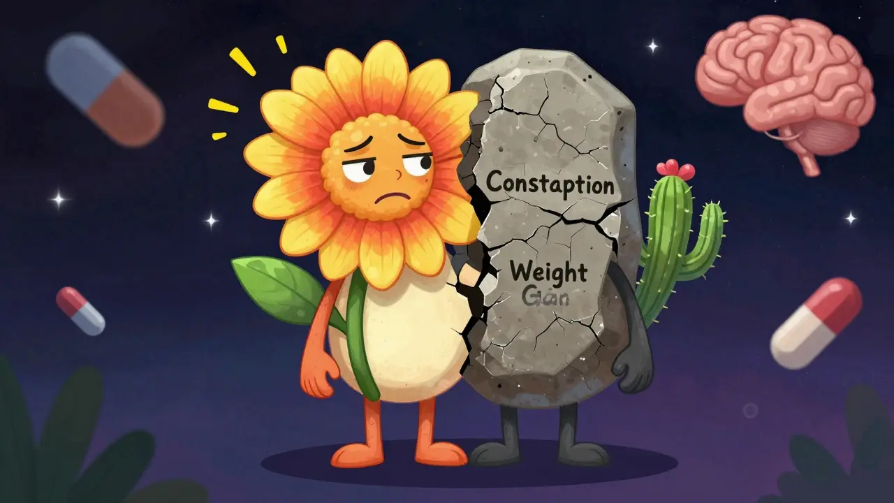 A split-body character showing one side thriving with flowers and the other burdened by a stone and cactus, symbolizing side effects that fade versus those that persist.