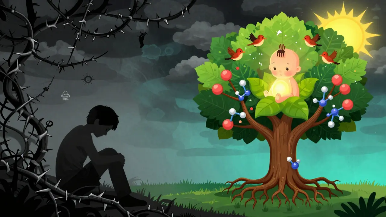 A split illustration contrasting dark depression vines with a vibrant tree nourishing a baby, representing the benefits of SSRIs during pregnancy.
