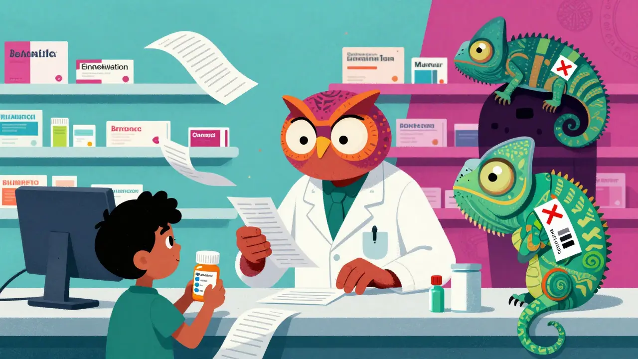 A tired alebrije pharmacist in a busy pharmacy hands a patient a pill bottle with wrong instructions.