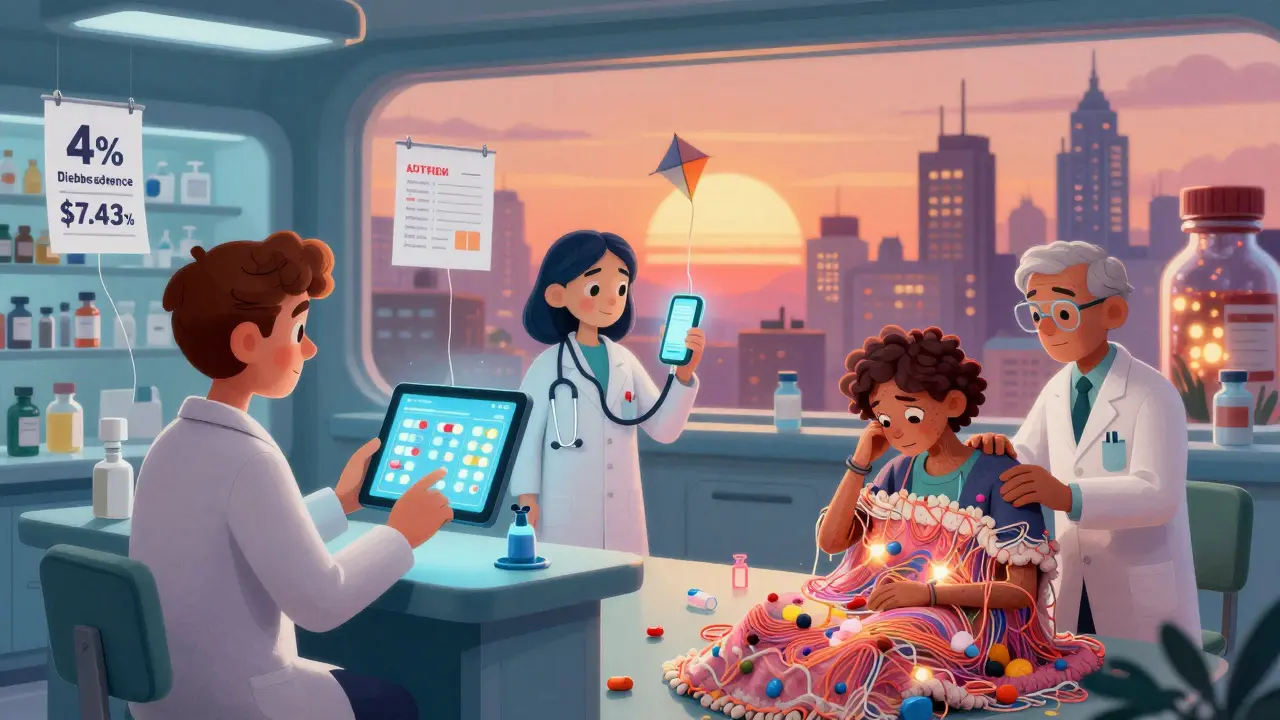 Alebrije pharmacists collaborate in a futuristic hub, with floating charts showing adherence gains and savings.