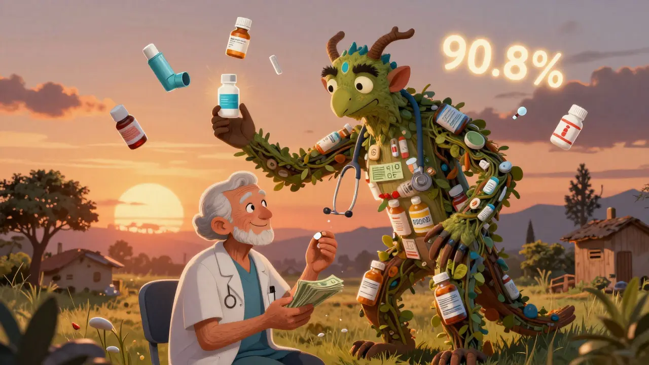 An elderly patient holds a generic pill and saved money as a medicine-themed spirit watches over them.