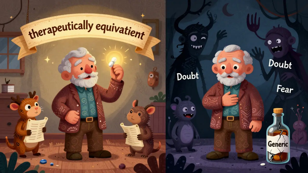 An elderly person surrounded by hopeful alebrije animals on one side, and dark fear creatures on the other, with a generic pill bottle.