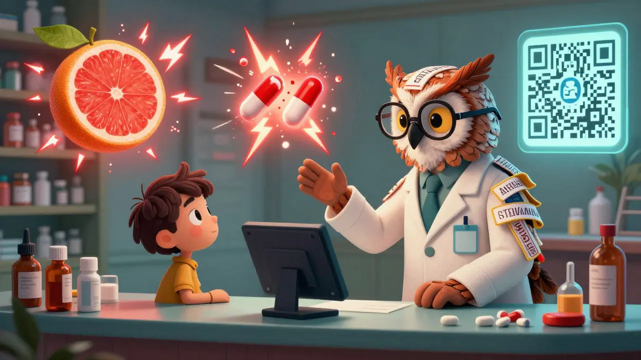 An owl pharmacist guiding a person through floating drug interaction symbols in a magical pharmacy.
