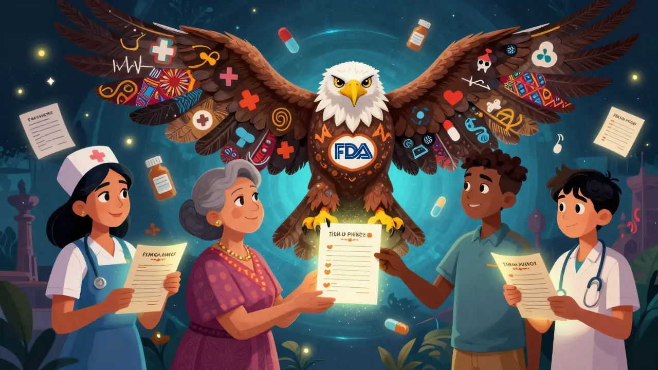 Diverse people handing reports to a giant FDA eagle with medical-symbol feathers, surrounded by glowing pills and icons in folk art style.