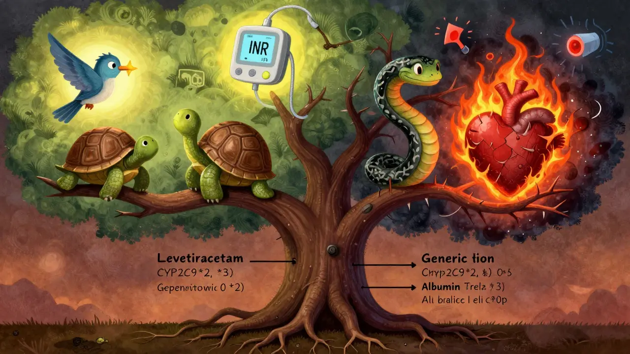 Living tree with safe seizure drugs on one branch, phenytoin-serpent on the other, surrounded by genetic markers.