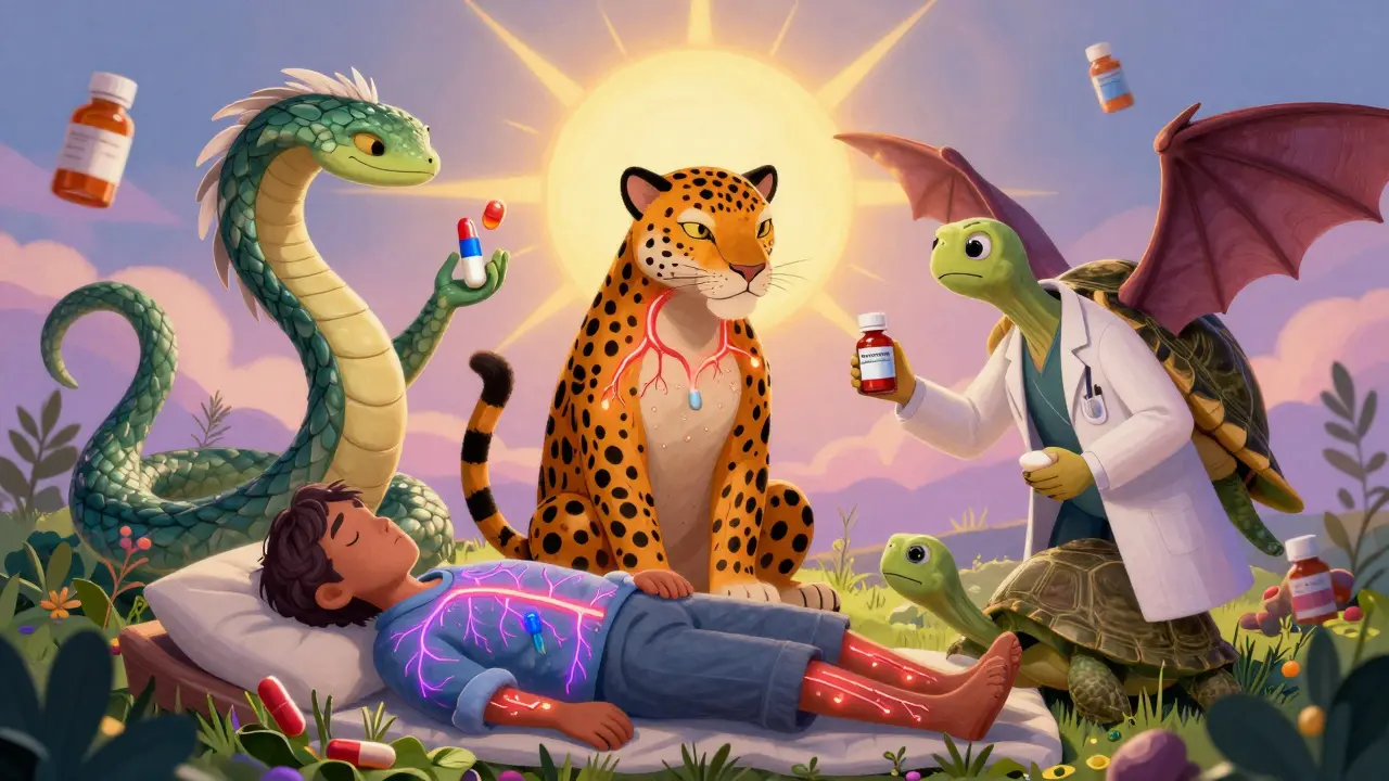 Mythical creature pharmacists offering antiviral medicines to a patient with glowing nerve pathways.