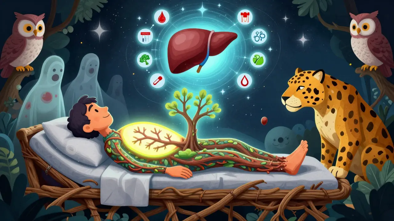 Patient connected to a growing transplanted liver tree, with fading damage and a celestial donor liver above, watched by protective spirits.