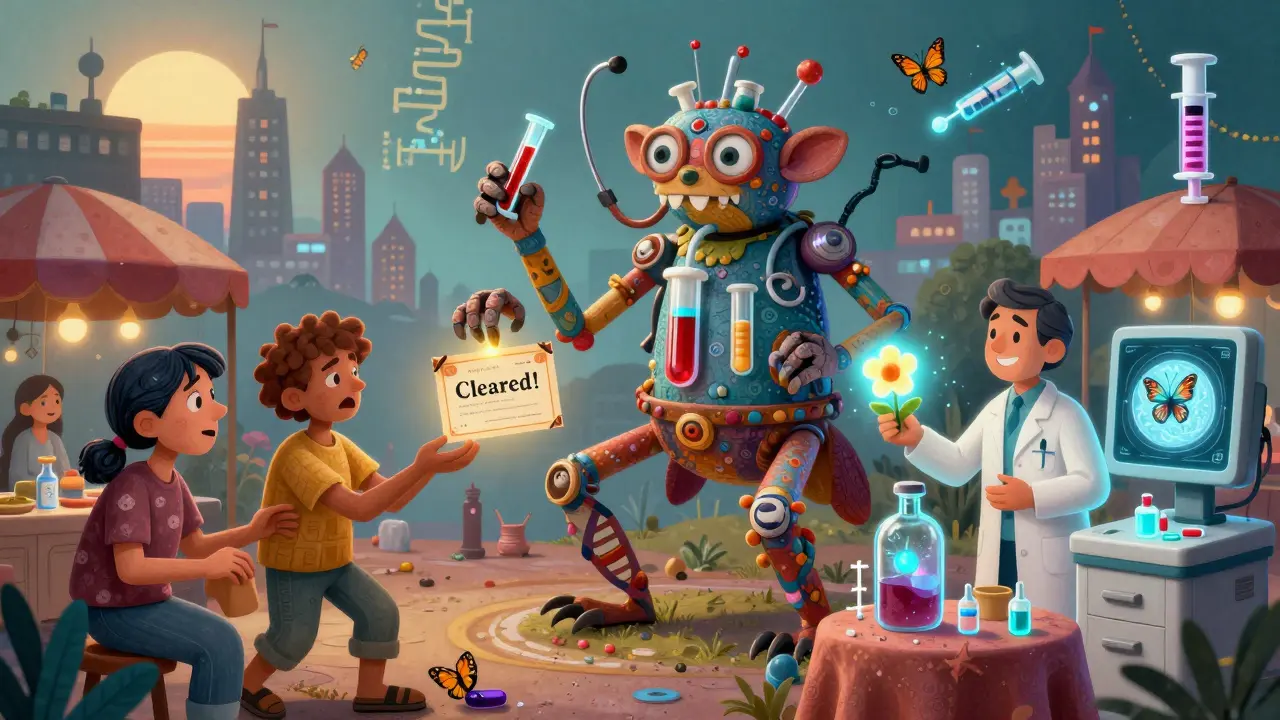 Patients trade allergy labels for clearance certificates at a magical medical marketplace guarded by a test-tube alebrije creature.