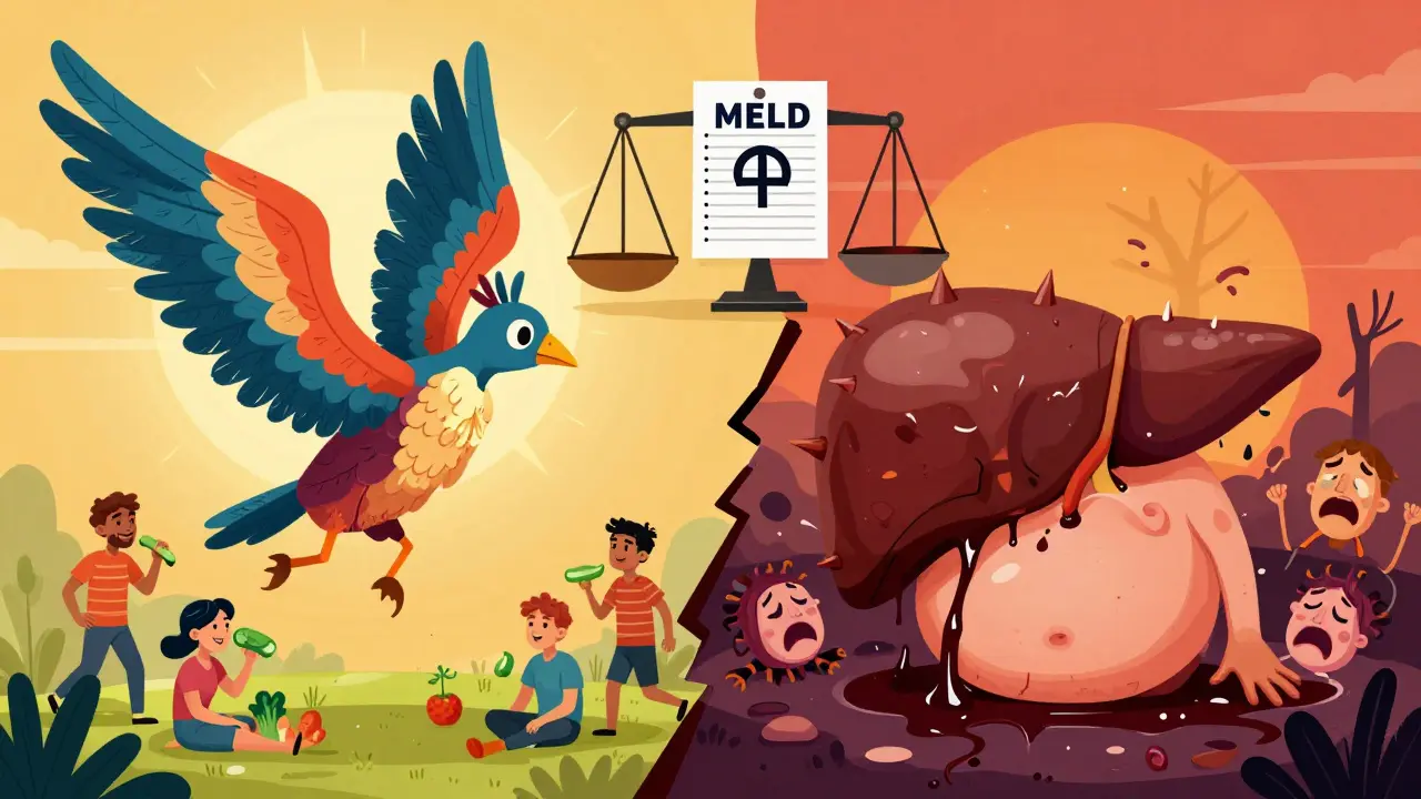 Split illustration: healthy liver with life vs. collapsed liver with fluid buildup, framed by MELD score and transplant symbols.
