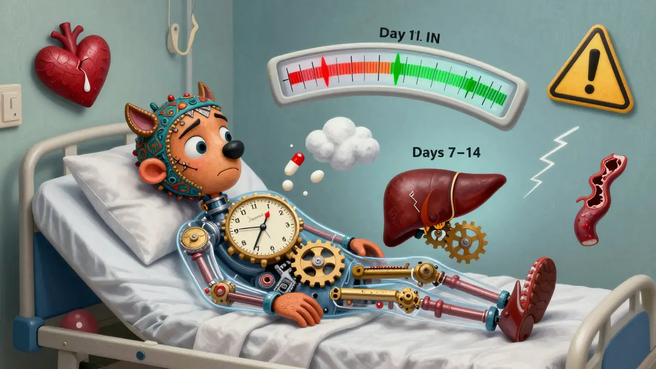 Transparent patient with internal clocks showing INR spike and crash from phenytoin-warfarin interaction.