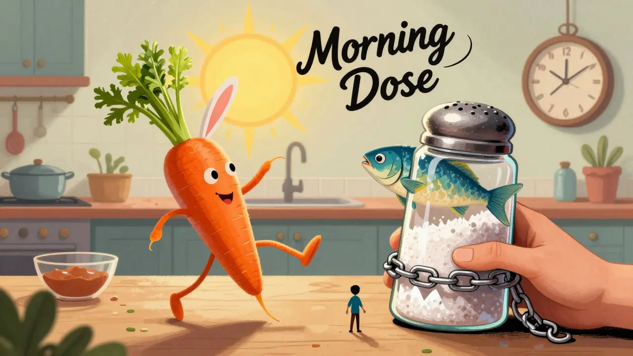 Whimsical food animals restraining a fanged salt shaker in a sunlit kitchen, symbolizing low-sodium diet control.