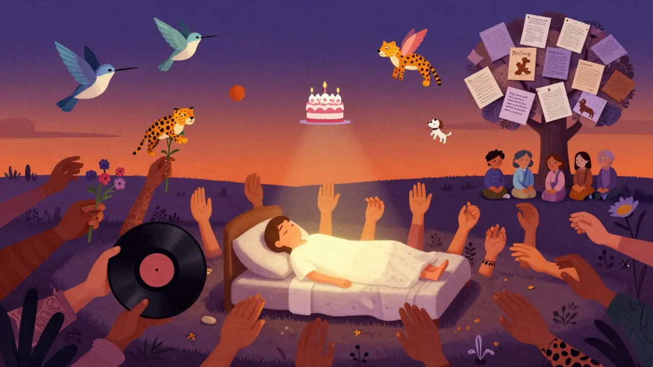 A bedbound person at the center of a landscape of hands and alebrije spirits carrying cherished memories, under a hopeful twilight sky.