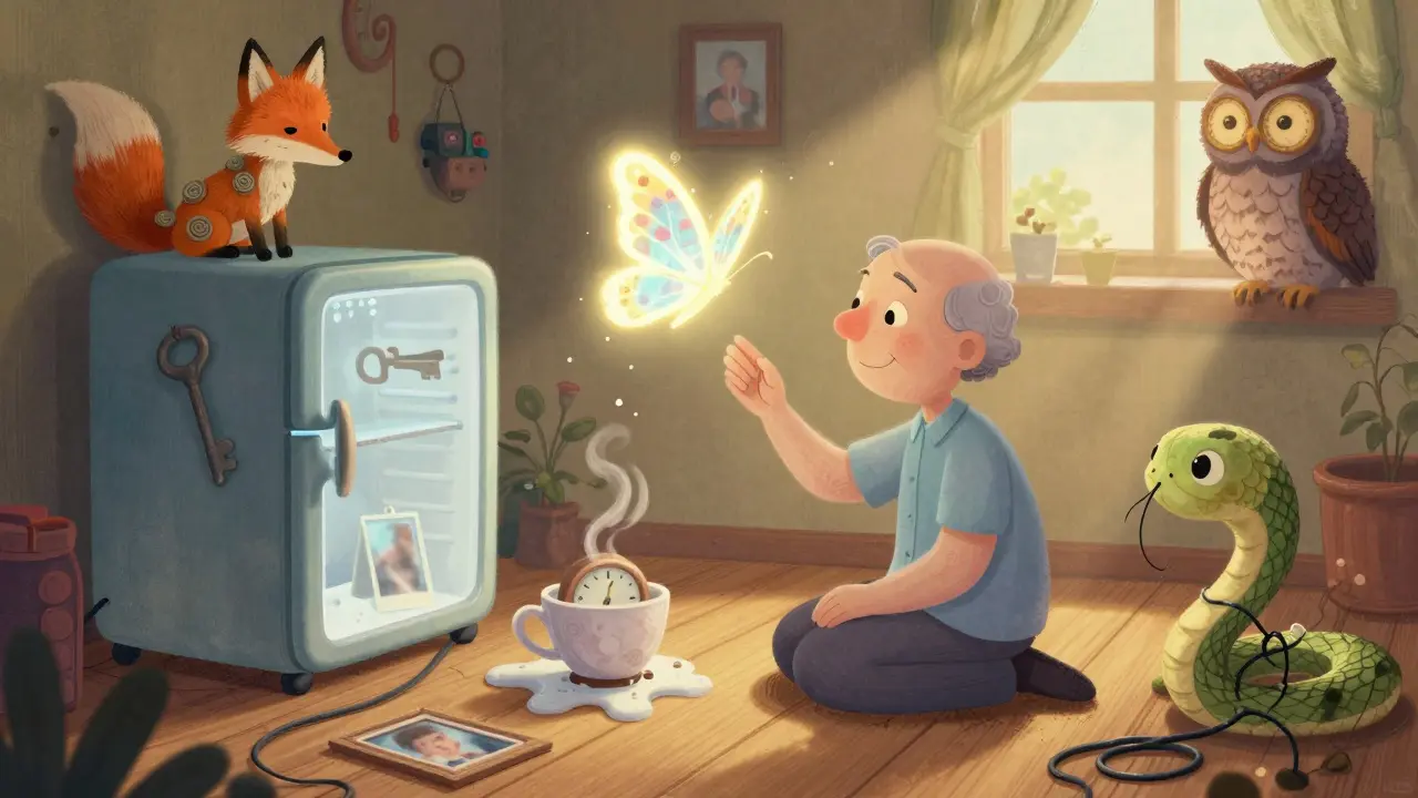 A caregiver surrounded by floating memory objects and whimsical alebrije animals, with a gentle figure and a wedding memory above.