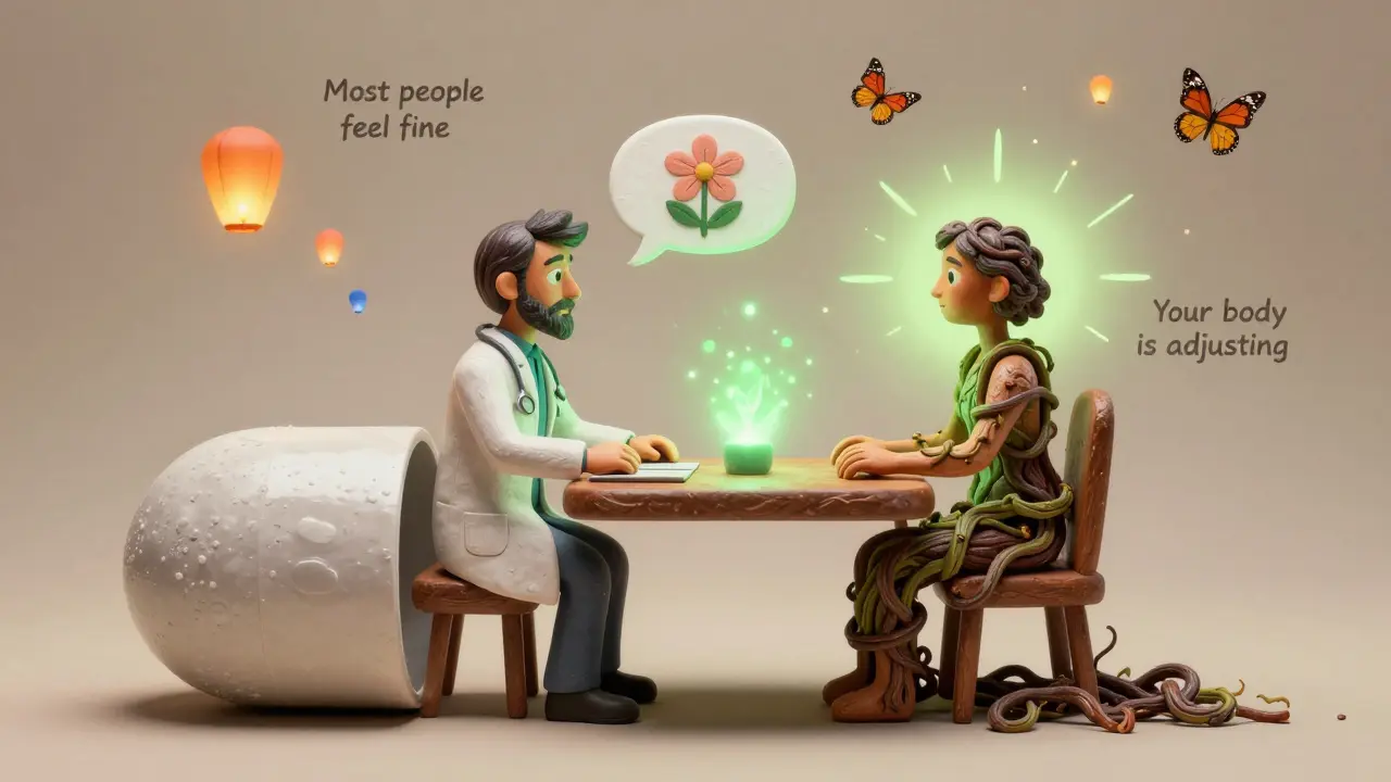 A doctor and patient at a pill-shaped table, with positive words transforming the patient’s body from tangled vines into radiant light, butterflies floating upward.