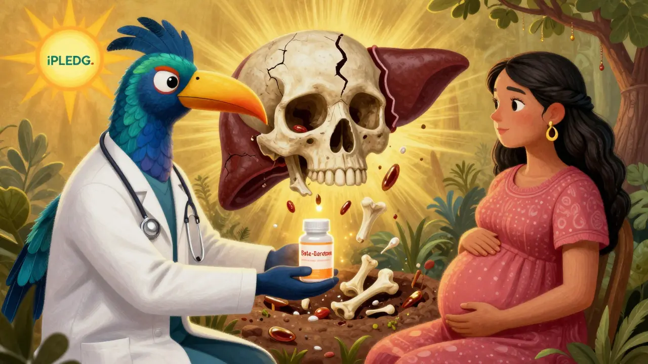 A doctor gives a safe prenatal vitamin to a pregnant patient while malformed bones fall into a pit, all in alebrije art style.