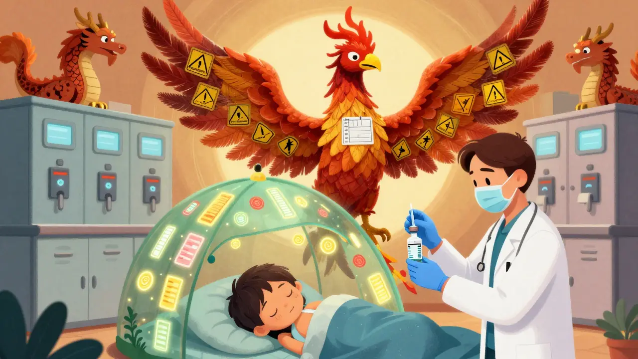 A dual-headed phoenix alebrije double-checks insulin, with a child sleeping safely beneath dosage runes.