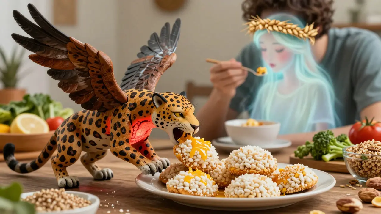 A hybrid creature eating processed gluten-free snacks while its liver inflames with color.