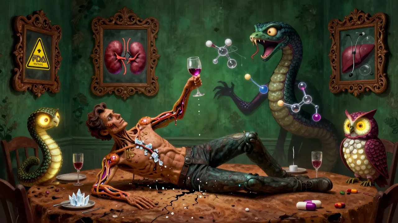 A man collapsing at a dinner table, half-transformed into anatomical elements, with floating FDA warnings and alcohol-liver spirit animals in Alebrije style.