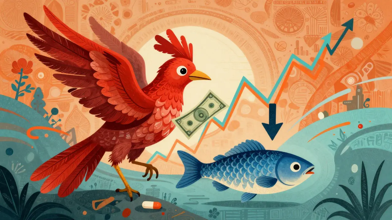 A mythical bird and fish with arrow symbols representing extreme price changes in generic drugs.