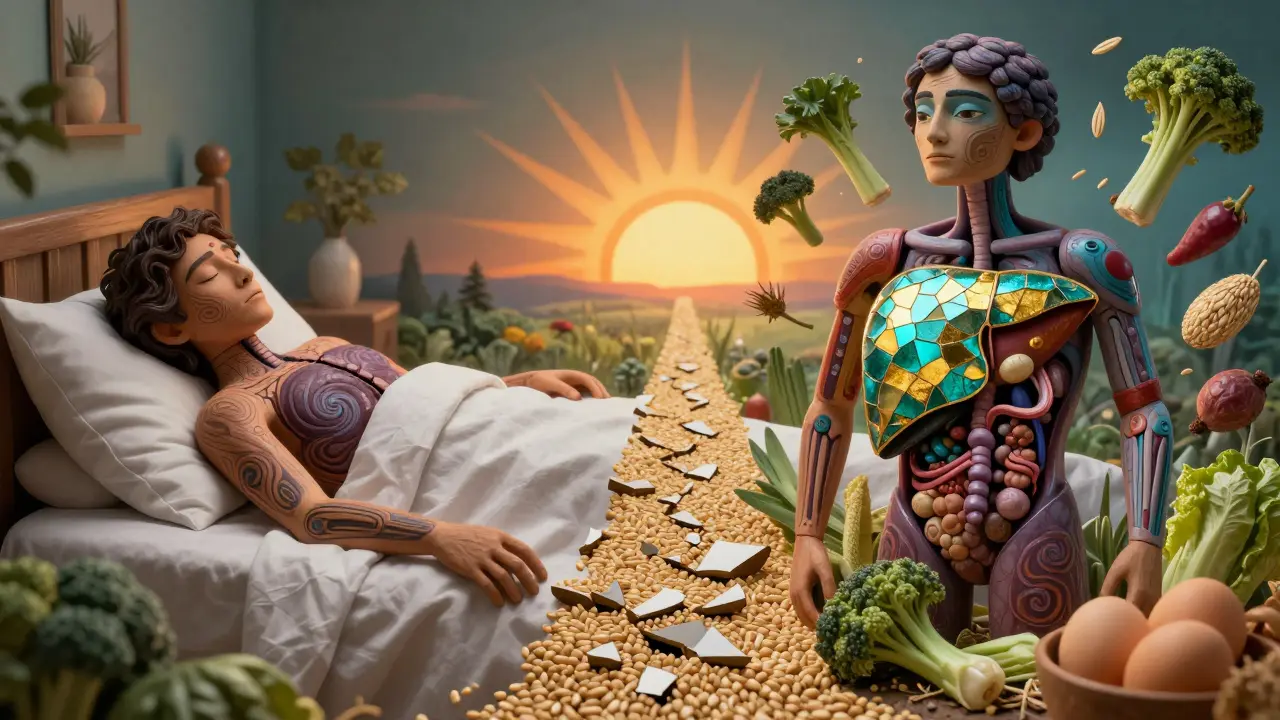 A person healed: one side sick with dark liver, other side radiant with whole foods.