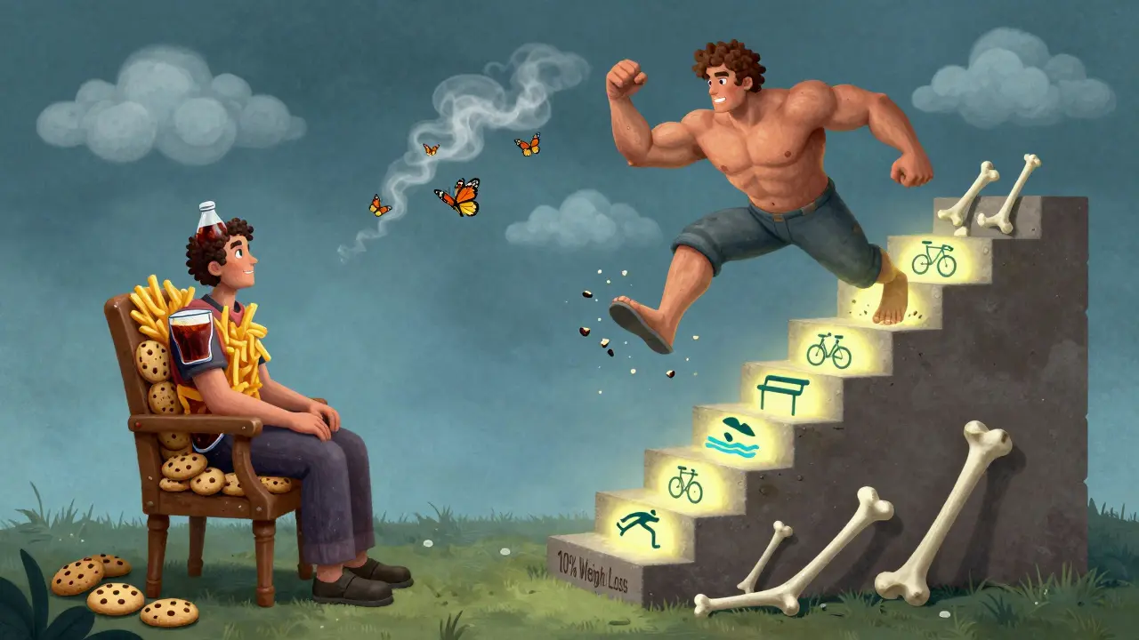 A person transforming from sitting on unhealthy food to standing on a glowing staircase labeled '10% Weight Loss', with symbols of exercise and calming mist replacing inflammation.