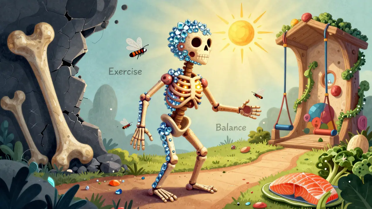A radiant skeleton shaped like an alebrije glows with calcium gems and vitamin D light, surrounded by symbols of exercise and healthy foods.