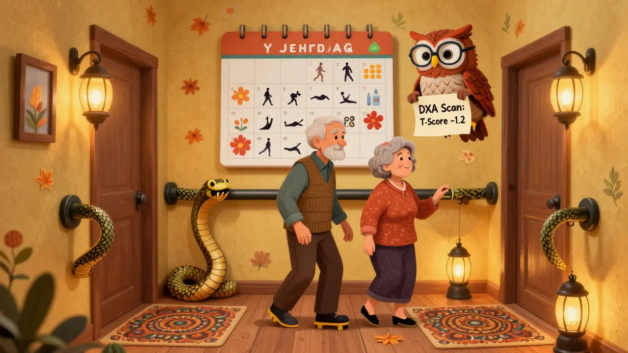 An elderly couple walks safely in a fall-proof home with magical decor, while an owl holds a bone scan scroll, flowers blooming from their daily habits.