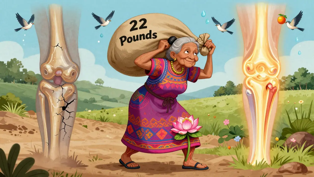 An elderly woman lifting a sack labeled '22 Pounds' with a blooming lotus hip joint, surrounded by a before-and-after landscape of joint health.