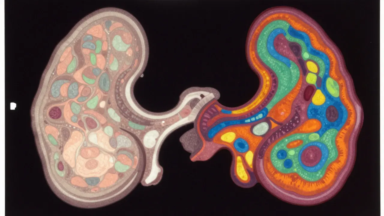 CT scan of adrenal masses with patterns indicating benign and malignant characteristics