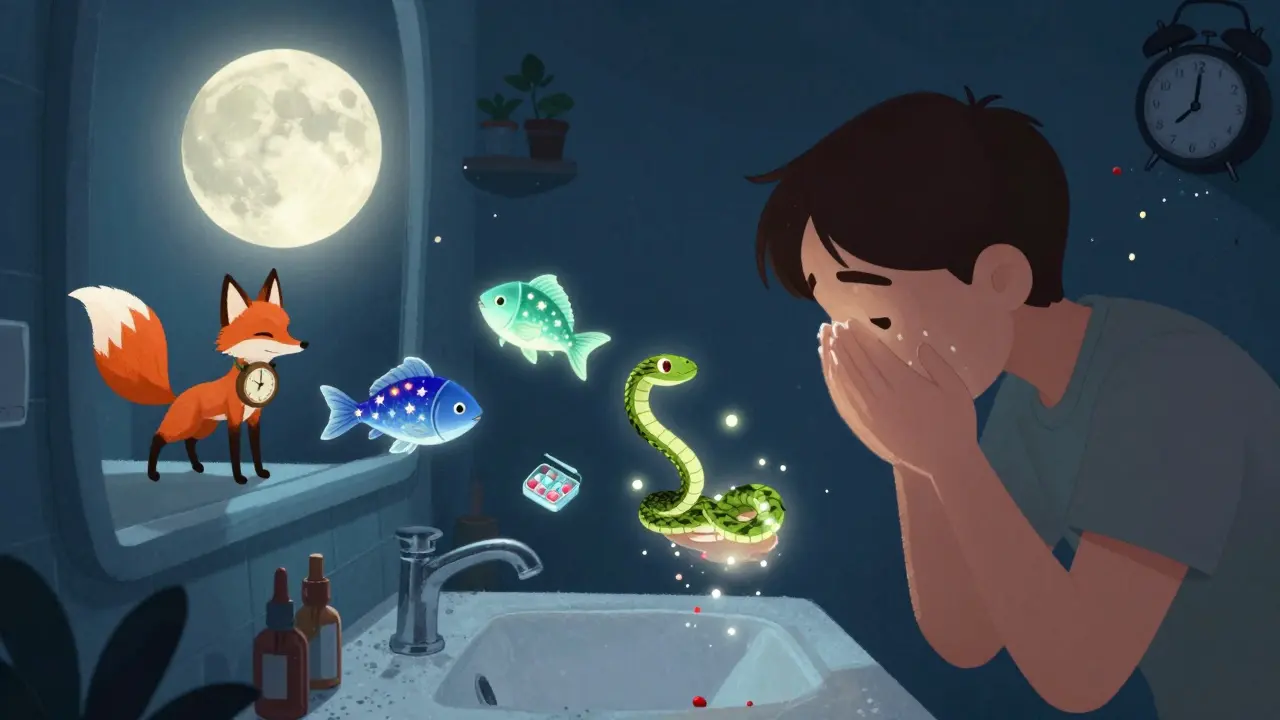 Luminous spirit creatures leap from a bathroom counter into a person’s hand during nighttime face washing, symbolizing automatic medication adherence.