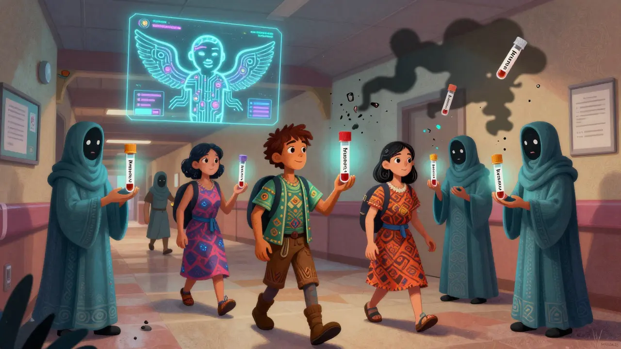 Patients walk beside spirit guides holding labeled specimen tubes, while mislabeled tubes crumble into dust.