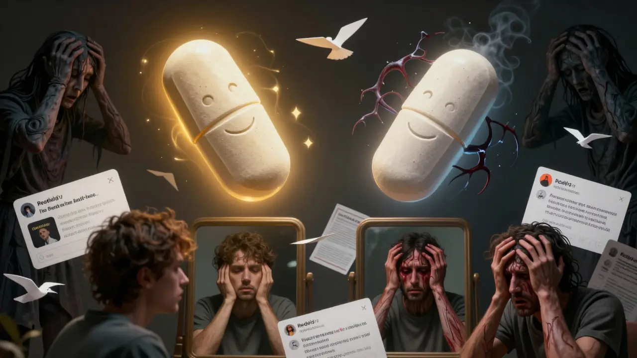 Two identical pills with contrasting auras—one calm and golden, the other dark and chaotic—surrounded by floating social media posts and distressed figures.