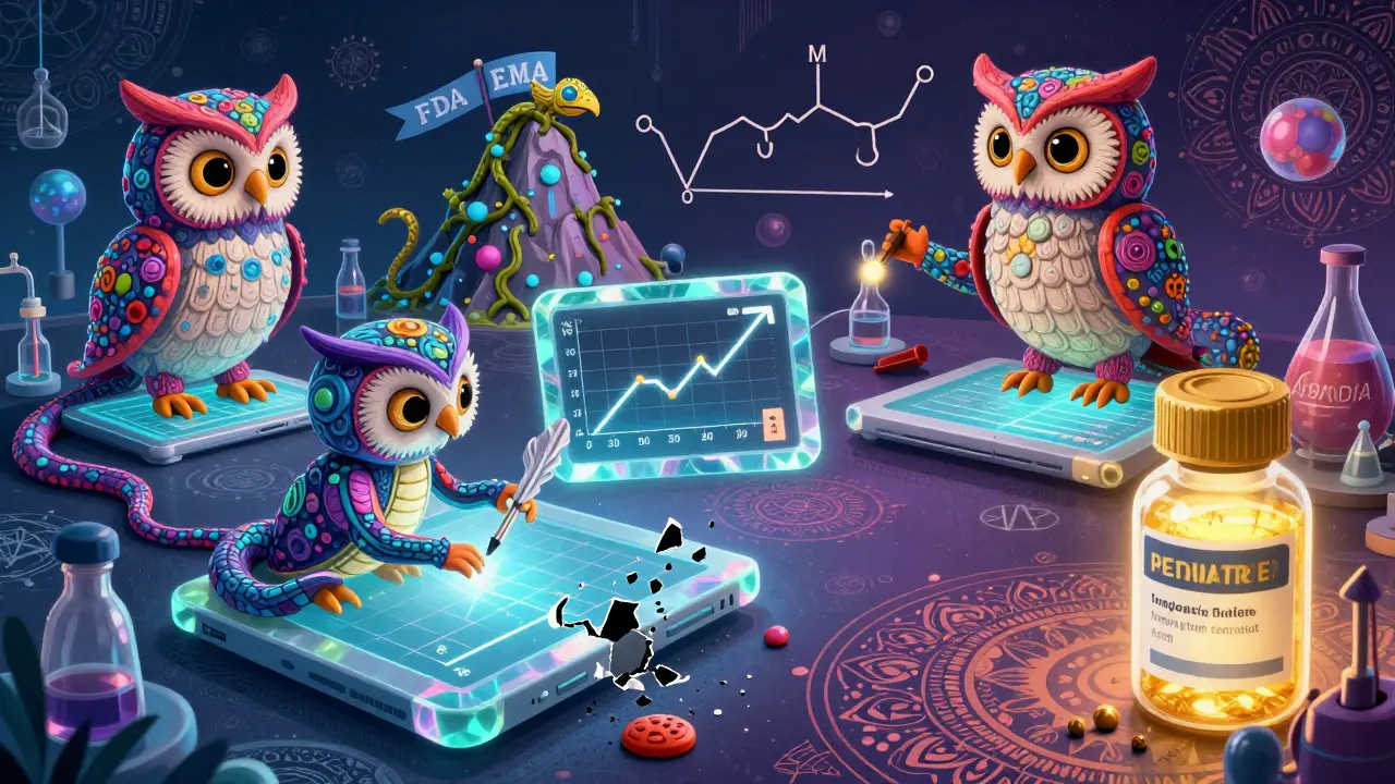 Whimsical data creatures calculating partial AUC on crystal tablets in a surreal lab, with a crumbling generic tablet and a shining brand version.