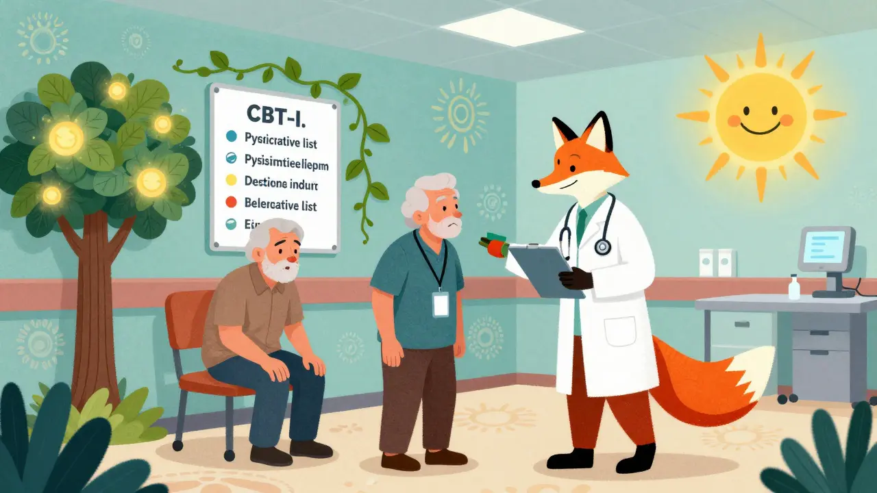 A geriatric pharmacist guides an elderly patient past warning signs, replaced by blooming non-drug therapy alternatives.