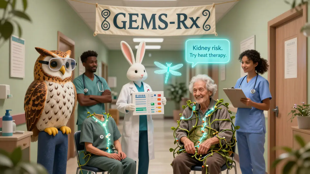 A healthcare team helps an elderly patient replace tangled medications with clean pathways of safe, non-drug therapies.