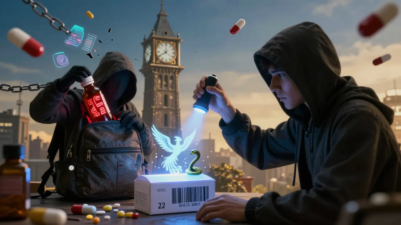 A patient shines a UV light on a medicine box, revealing hidden symbols, while a counterfeit thief lurks nearby in Alebrije art style.