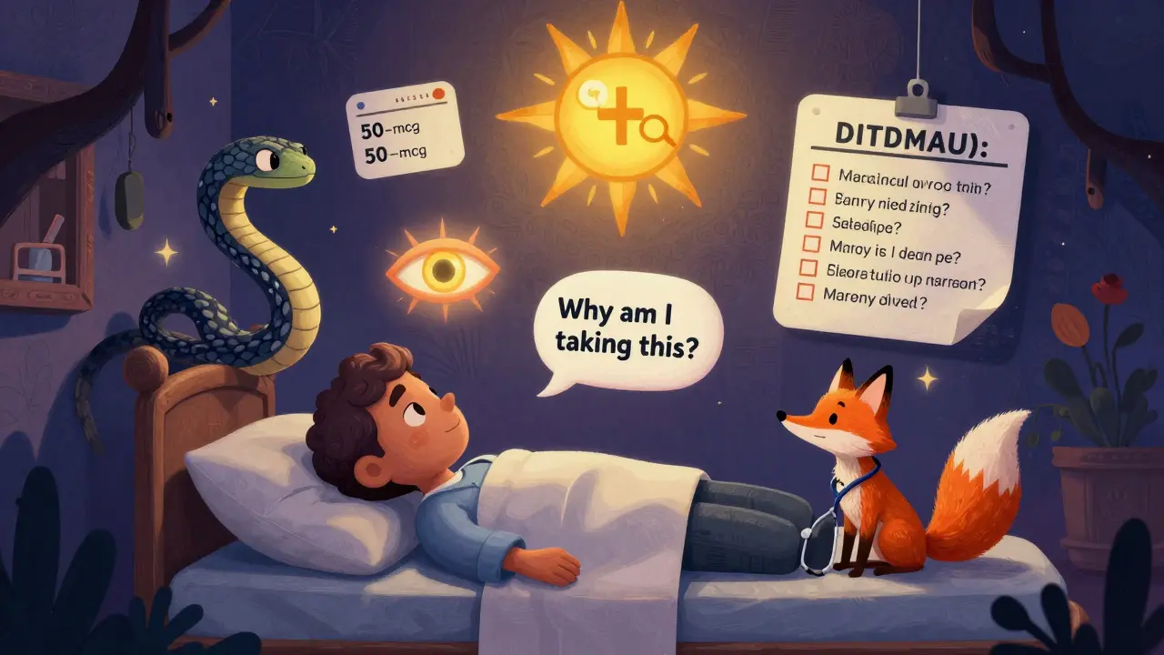 A patient surrounded by floating label creatures in Alebrije art, each representing a medication safety element.