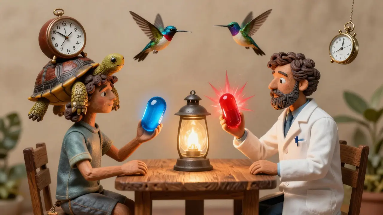 A pharmacist and patient compare ER and IR pills, guided by whimsical clock and stopwatch animals in Alebrije art.