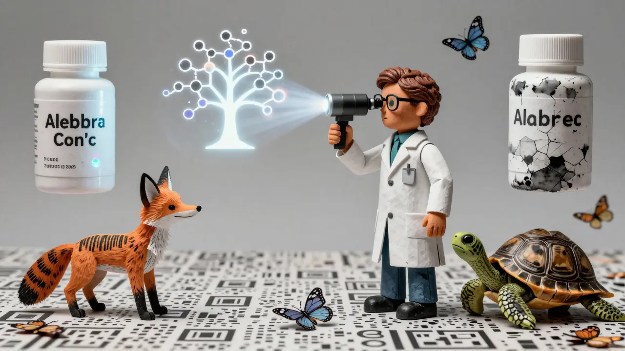 A pharmacist uses a glowing spectrometer to analyze a pill, surrounded by symbolic pill bottles and ink creatures in Alebrije style.