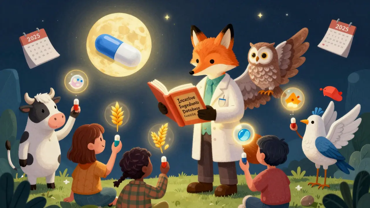 A pharmacist with animal features shows patients their unique excipient sensitivities under a pill-shaped moon.