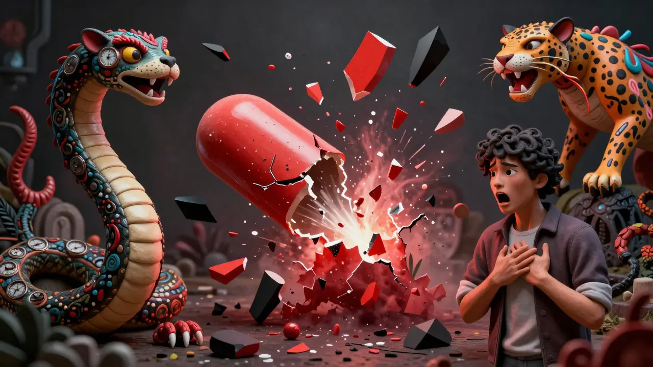 A shattered extended-release pill exploding into dangerous shards, with mythical creatures symbolizing overdose risks.