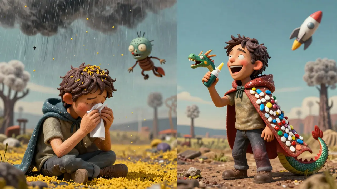 A split scene: one side shows a drowsy person under pollen, the other an alert person with a medication cape and nasal spray dragon beside them.