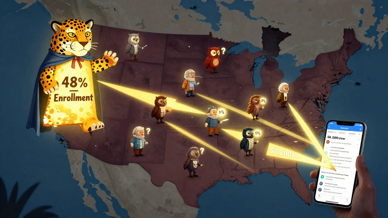 A stylized U.S. map with state-shaped spirit animals showing enrollment rates, connected by golden light from a screening tool screen.