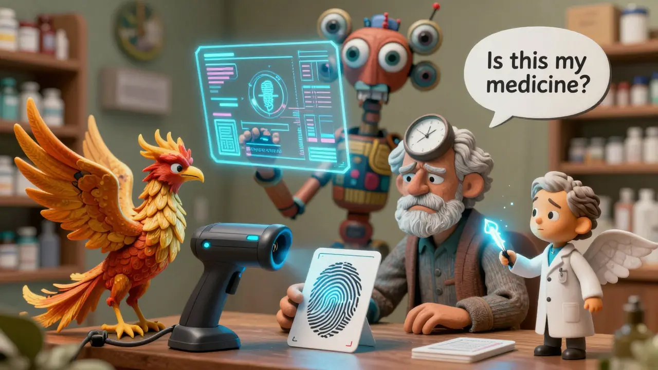 An Alebrije-inspired pharmacy with a phoenix-like barcode scanner, holographic records, and a confused elderly patient questioning their prescription.