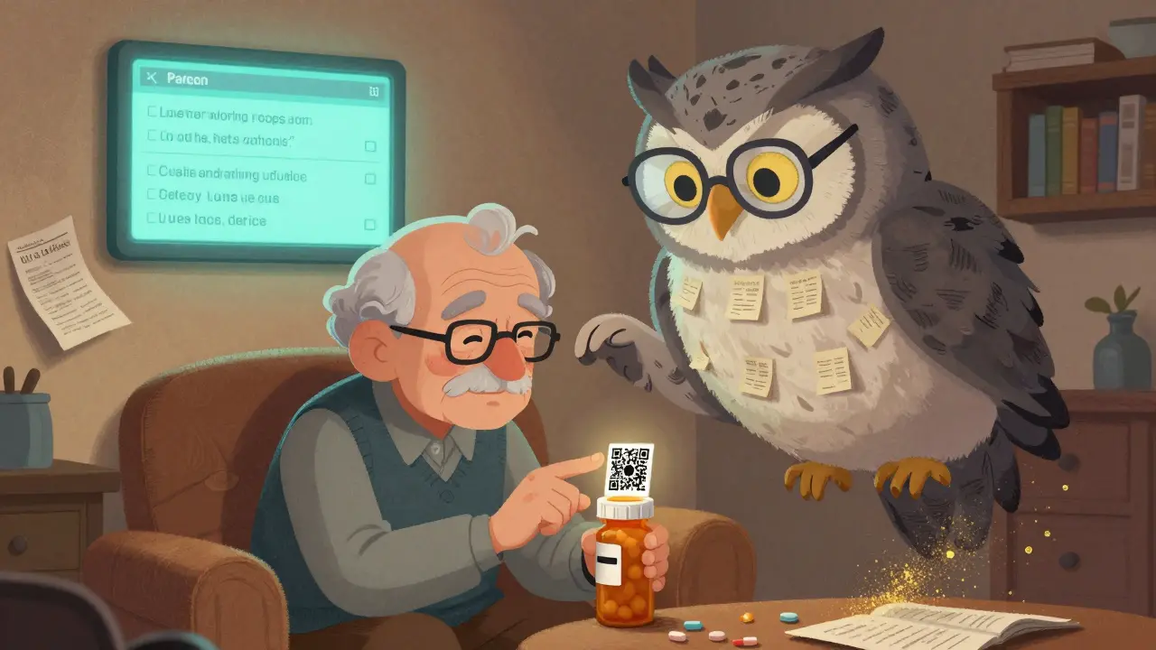 An elderly person being gently guided by a wise owl-librarian spirit to scan a QR code on a pill bottle at home.