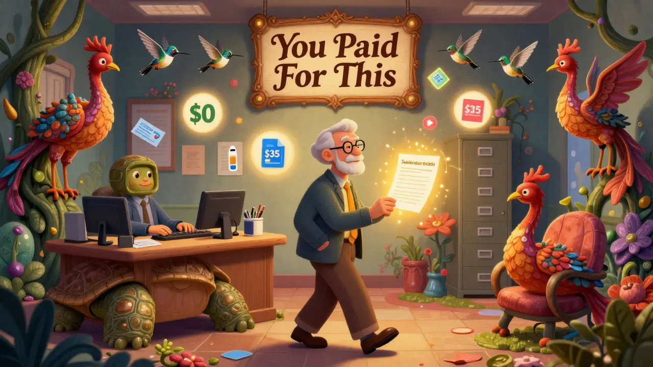 An older adult in a magical Social Security office where furniture becomes mythical creatures, illuminated by savings icons.