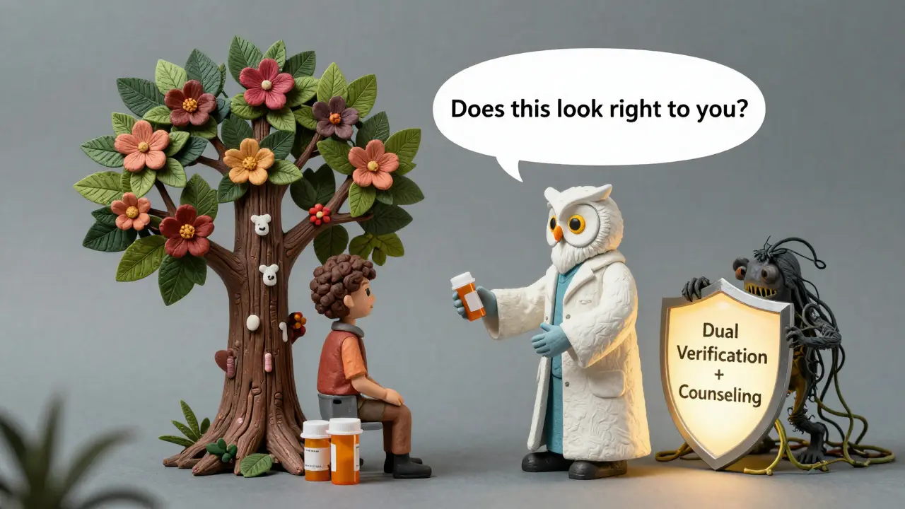 An owl-headed pharmacist counsels a tree-shaped patient, with a shadowy error creature being defeated by a shield marked 'Dual Verification + Counseling.'