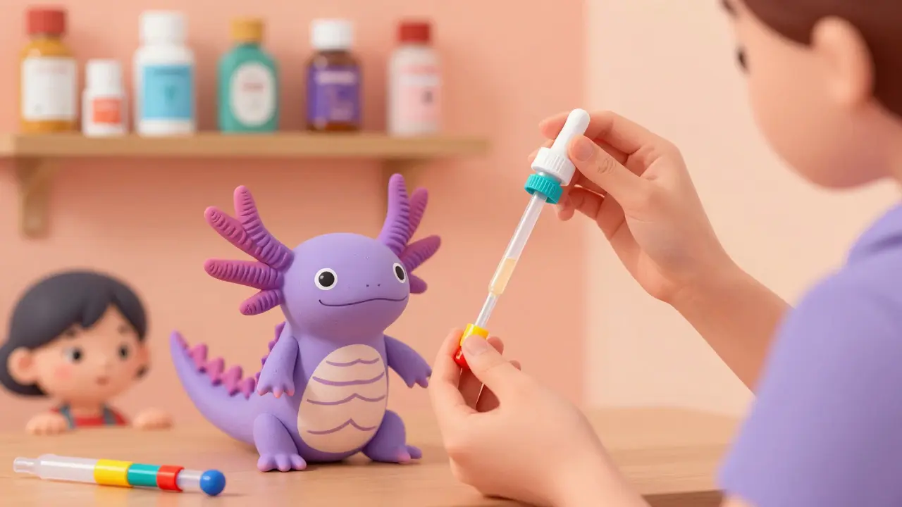 Caregiver using animal-shaped dropper at home table